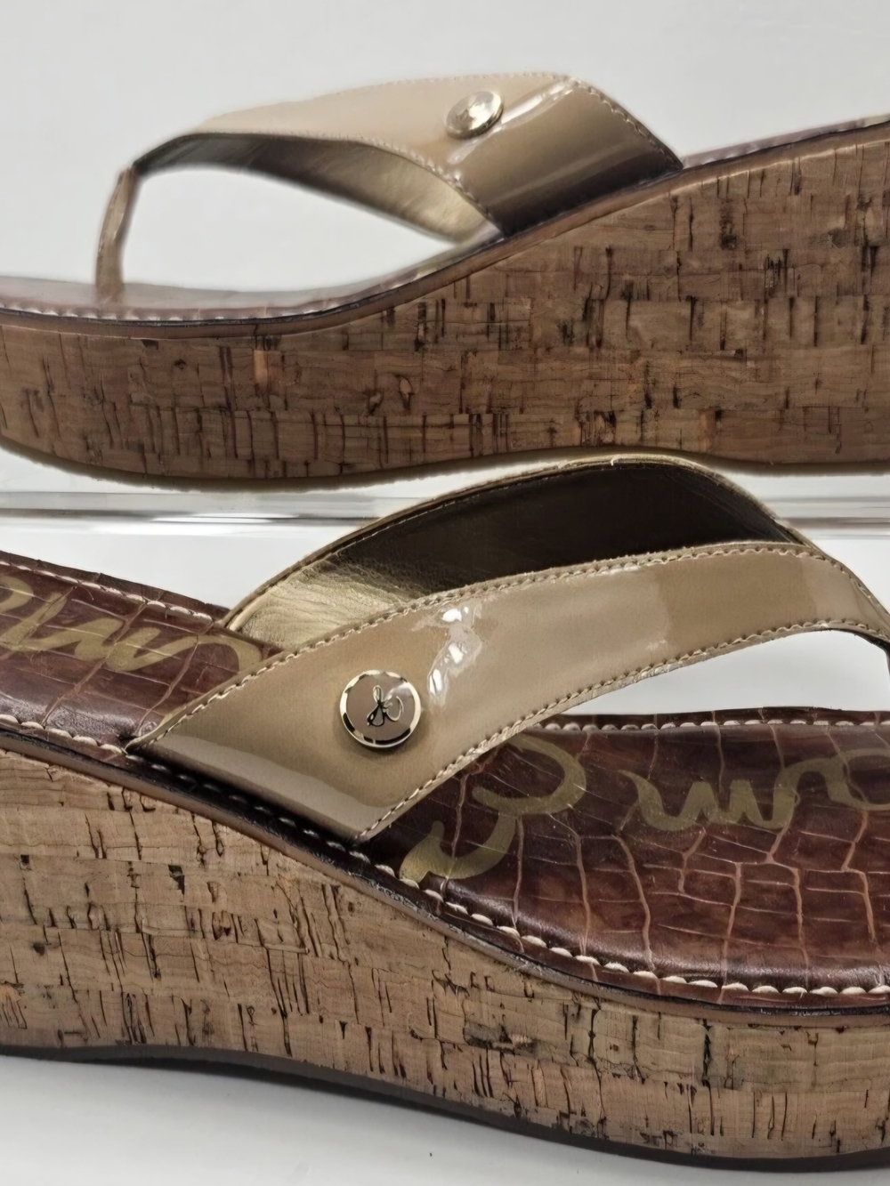 Romy Beige Patent Wedge Thong Sandal